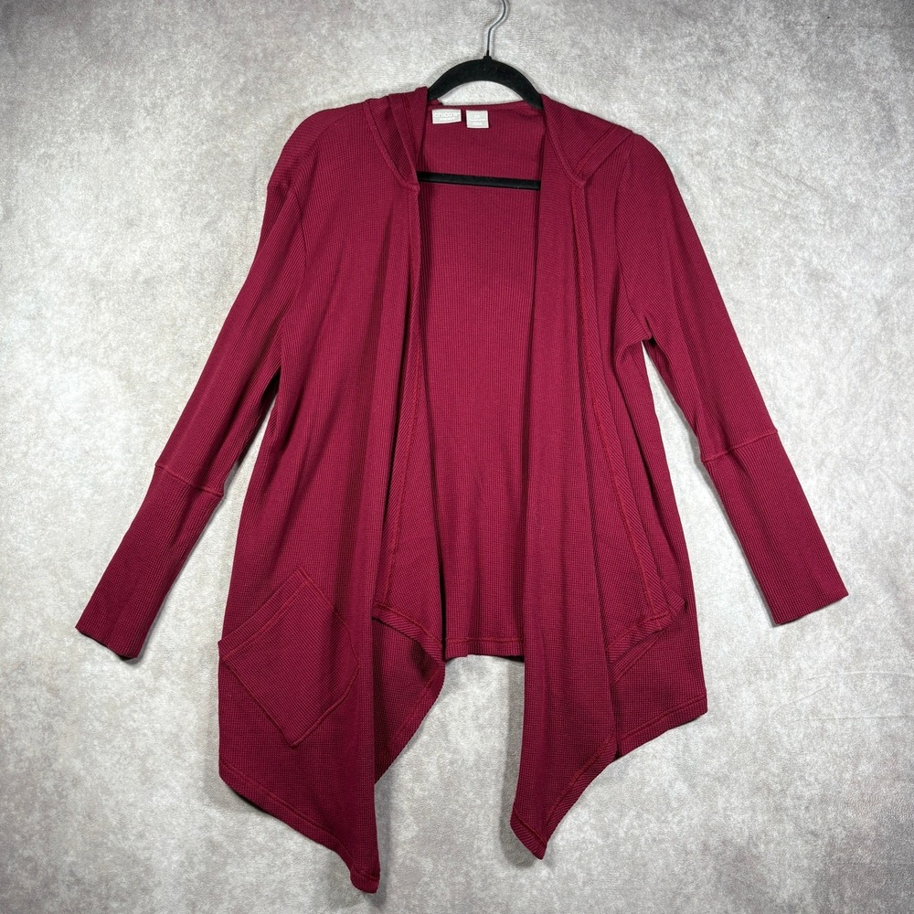 Chico's Zenergy Cardigan Sweater Womens Size 2P US 12/14P Red Waffle Knit Hooded